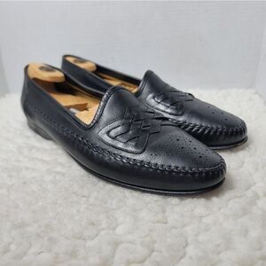 Santoni Men 12 D Black Woven Leather Loafers Italy Made Vero Cuoio Dress Shoes